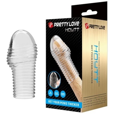 Capa para pénis transparente texturizada ao lado da embalagem PRETTY LOVE HOYTT