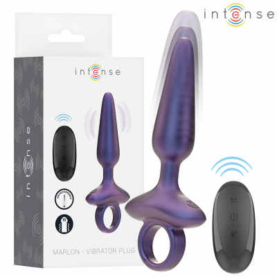 Plugue vibratório roxo metálico com controlo remoto preto e embalagem branca da marca intense