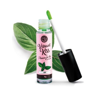 Gloss labial Vibrant Kiss com rótulo rosa e folha de hortelã ao fundo