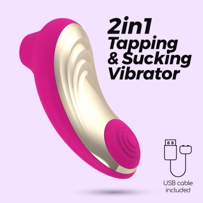 Vibrador 2 em 1 cor-de-rosa e bege com texto e ícone USB em fundo lilás