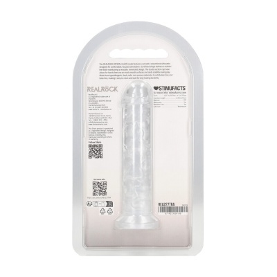 Dildo transparente texturizado em embalagem de plástico com texto informativo.