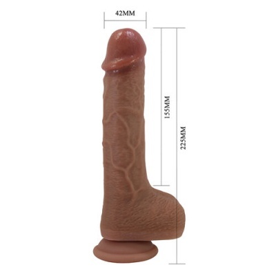Dildo castanho com base de ventosa e dimensões indicadas.