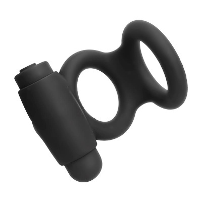 anel vibratório preto de silicone com três argolas e vibrador