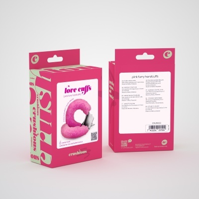 Embalagem de algemas cor-de-rosa felpudas com texto e código de barras