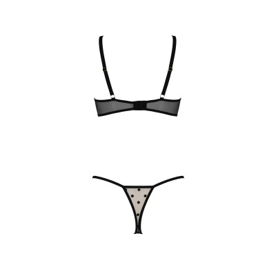 Conjunto de lingerie preta com detalhes em tecido transparente e bolinhas pretas em tanga