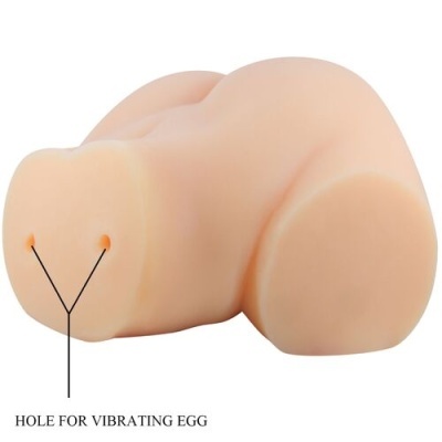 Produto anatómico em silicone com dois orifícios e texto explicativo.