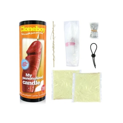 Kit para fazer vela Cloneboy com embalagem laranja, sacos de plástico, cordel, fita preta e pacotes de gel amarelado