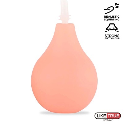 Produto em forma de pera cor-de-rosa clara com tubo e texto promocional em fundo branco