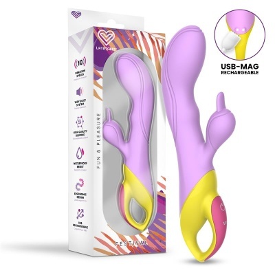 Vibrador lilás e amarelo em embalagem com informações de uso