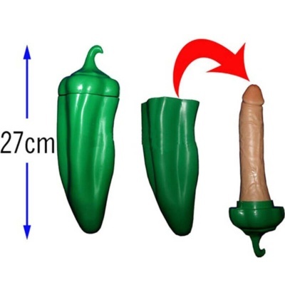 Produto disfarçado em forma de pimento verde com extensão interna em forma de pênis