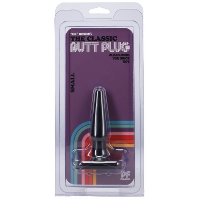 Plug anal preto pequeno na embalagem plástica com fundo roxo e texto