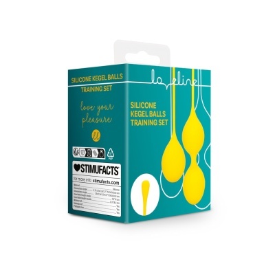 Caixa azul de conjunto de treino SILICONE KEGEL BALLS com gemas amarelas em silicone.