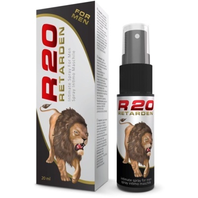 Spray íntimo R20 Retarden com embalagem e ilustração de leão