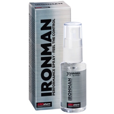 Spray transparente e caixa cinzenta do produto IRONMAN PERFORMANCE SPRAY