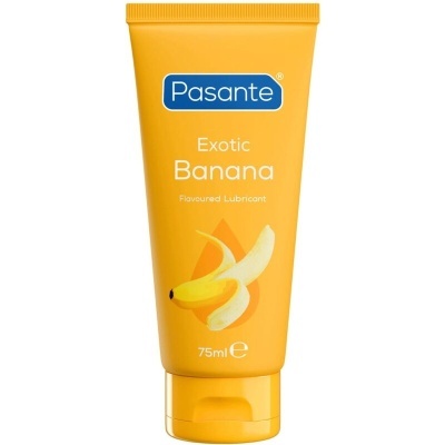Frasco amarelo de lubrificante com sabor a banana da marca Pasante