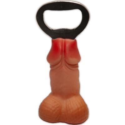 Abridor de garrafas com pega metálica e parte inferior em silicone formato de órgão genital masculino cor de pele