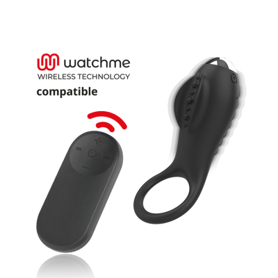 Controle remoto preto e dispositivo de silicone preto com anel e botões, texto watchme wireless technology compatible