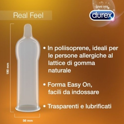 Embalagem de preservativos Durex Real Feel com preservativo transparente e texto em italiano