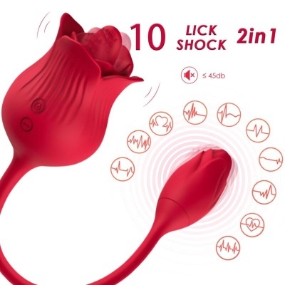 Brinquedo sexual vermelho em forma de rosa com texto e ícones de batimentos cardíacos.