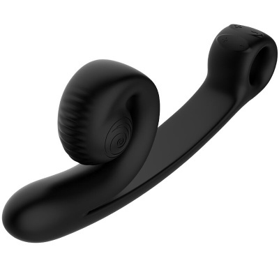 Vibrador preto em silicone com design ergonómico e botões de controlo
