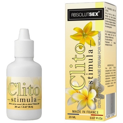 Frasco branco e caixa amarela com flores e texto de creme estimulante para mulheres