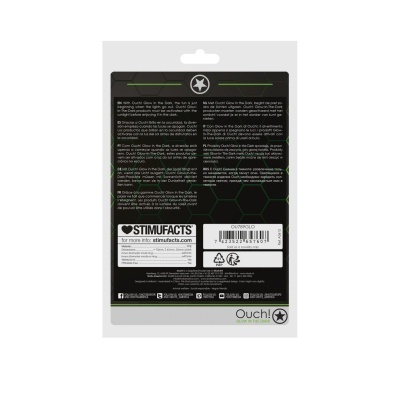 Embalagem traseira de produto Ouch! com texto multilingue e código de barras