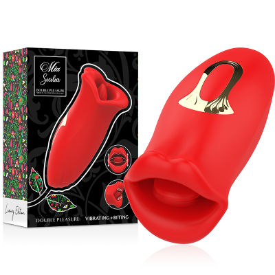 Produto sexual vibratório vermelho em silicone com formato de boca e detalhes dourados ao lado da embalagem preta com padrões florais
