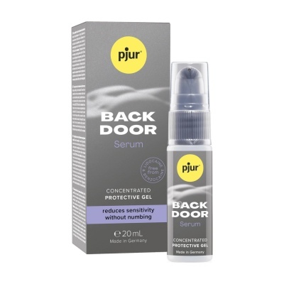 Sérum pjur BACK DOOR em frasco branco com tampa transparente e caixa cinza com texto amarelo e lilás