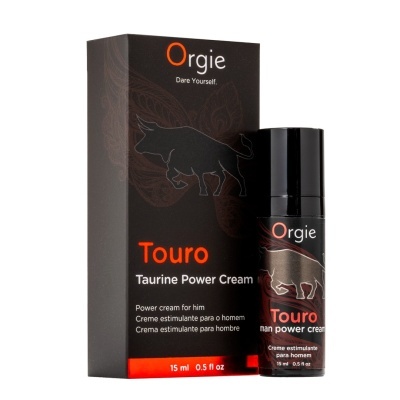 Creme estimulante Touro Orgie para homem com embalagem preta e desenho de touro