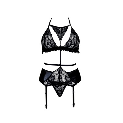 Conjunto de lingerie preto em renda floral e verniz com tiras finas e detalhe em corrente.