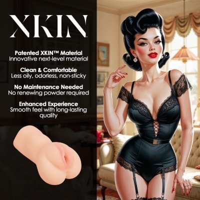 Imagem de anúncio com texto promocional e mulher com lingerie preta numa sala iluminada