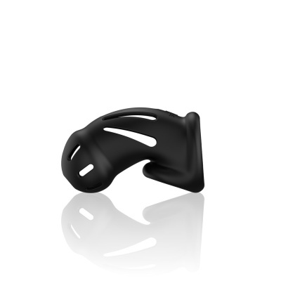 Dispositivo preto curvo com aberturas, refletido em fundo branco