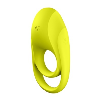 Anel vibratório amarelo em silicone com botão e texto em relevo