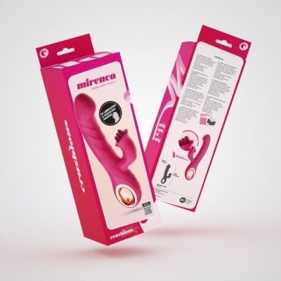 Caixa rosa de vibrador mirenca com detalhes de texto e imagem do produto
