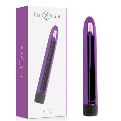 Vibrador roxo metálico com base preta ao lado da embalagem