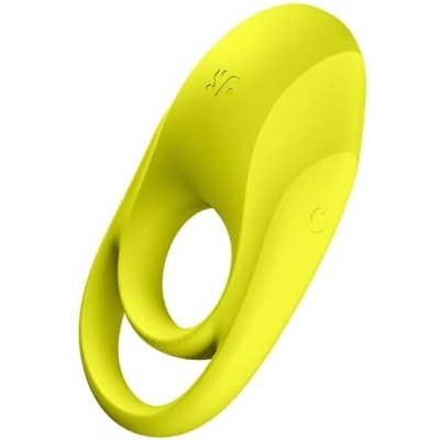 Anel vibratório amarelo em silicone com botões e design ergonómico