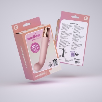 Mini vibrador cor-de-rosa em embalagem cor-de-rosa com texto e informações técnicas.