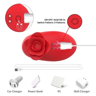 Dispositivo vermelho com flor e carregamento USB com acessórios diversos