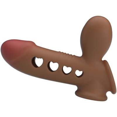 Produto castanho em forma fálica com recortes em forma de coração e apêndice oval
