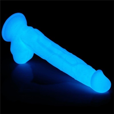 Dildo azul luminoso com base de ventosa e textura realista