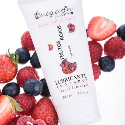 Lubrificante frutos vermelhos Tentación Playsex com frutos vermelhos frescos ao redor