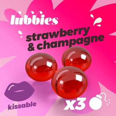 Três esferas vermelhas translúcidas lubbies em fundo rosa e lilás com textos