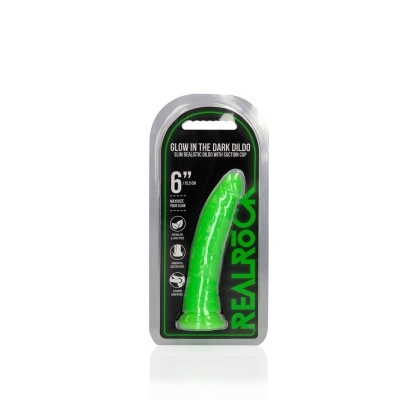 Dildo verde fosforescente em embalagem preta com texto Glow in the Dark Dildo