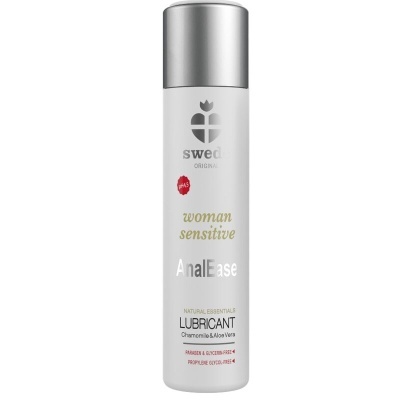 Frasco branco com tampa prateada de lubrificante Swed Original AnalEase para mulher sensível.