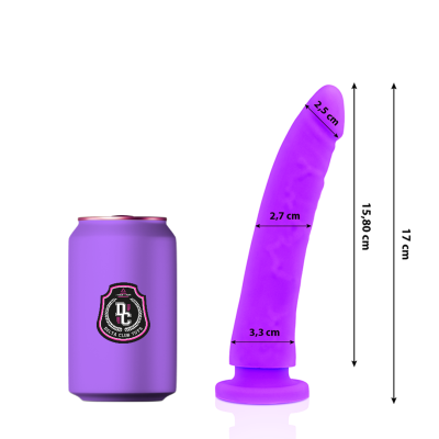 Lata roxa ao lado de dildo roxo com medidas em fundo branco
