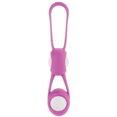 Produto de silicone roxo com duas esferas brancas