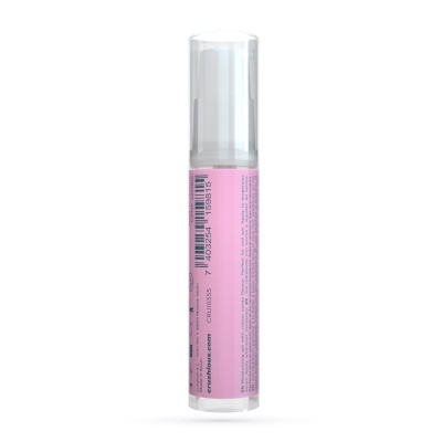 Frasco de plástico transparente com rótulo rosa e texto
