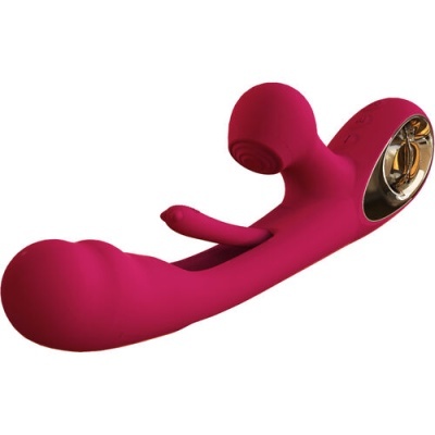 Vibrador rosa com cabeças múltiplas e detalhe dourado