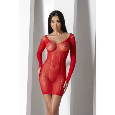 Vestido justo vermelho de malha com padrão de buracos circulares, usado por modelo