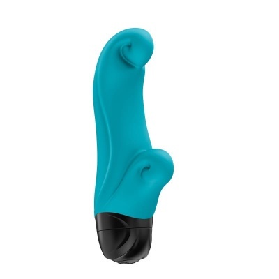 Vibrador azul com base preta e formato curvo